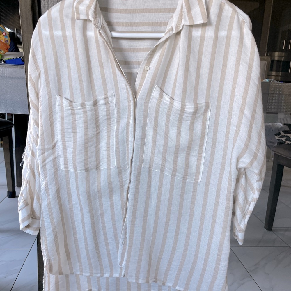 Zara oversized flowy white beige striped shirt